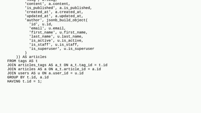 Dba: Returning array of JSON objects from related fields in PostgreSQL смотреть онлайн