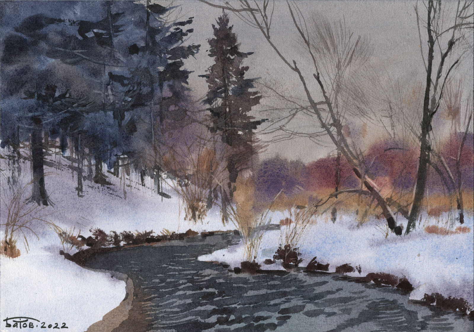 20220204 Зимний пейзаж с акварелью смотреть онлайн