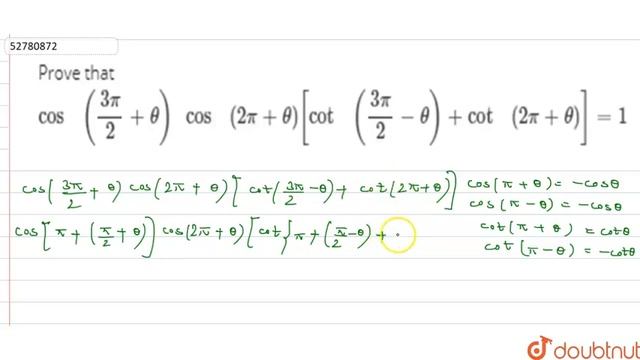 Prove that ` "cos " ((3pi)/(2)+theta) " cos " (2pi+theta) [ "cot " ((3pi)/(2) -theta) + смотреть онлайн