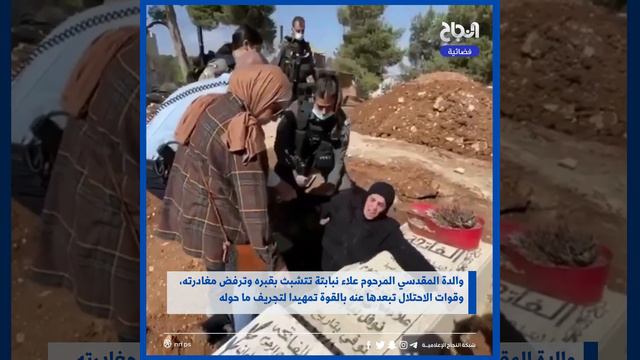 والدة المقدسي المرحوم علاء نبابتة تتشبث بقبره وترفض مغادرته، وقوات الاحتلال تبعدها عنه بالقوة смотреть онлайн