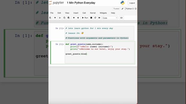 Function with Arguments and Parameters python| 1 minute python | lesson 24 смотреть онлайн