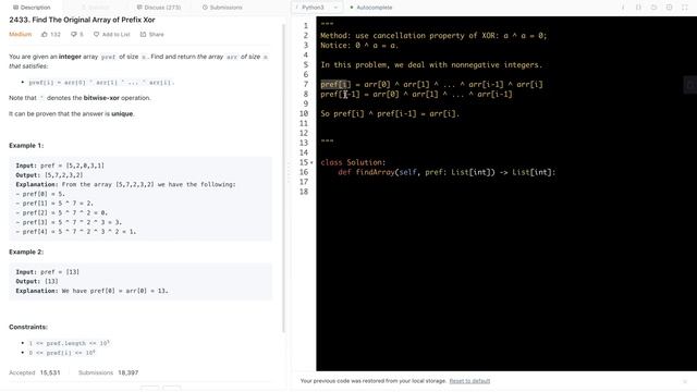 leetcode 2433. Find The Original Array of Prefix Xor - cancellation property of XOR смотреть онлайн