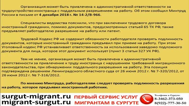 Почему именно работодатель должен проверять подлинность разрешения на работу иностранца? смотреть онлайн