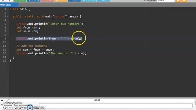 JAVA program to add two numbers without taking input from the user смотреть онлайн