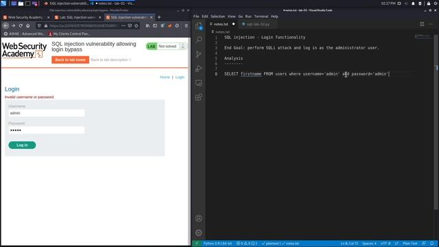 SQL Injection - Lab #2 SQL injection vulnerability allowing login bypass смотреть онлайн