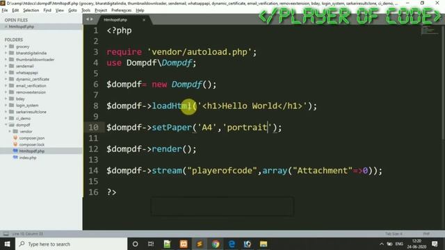How to Generate PDF File in PHP || Dompdf Library || PHP Tutorial 2020 ||Player Of Code смотреть онлайн