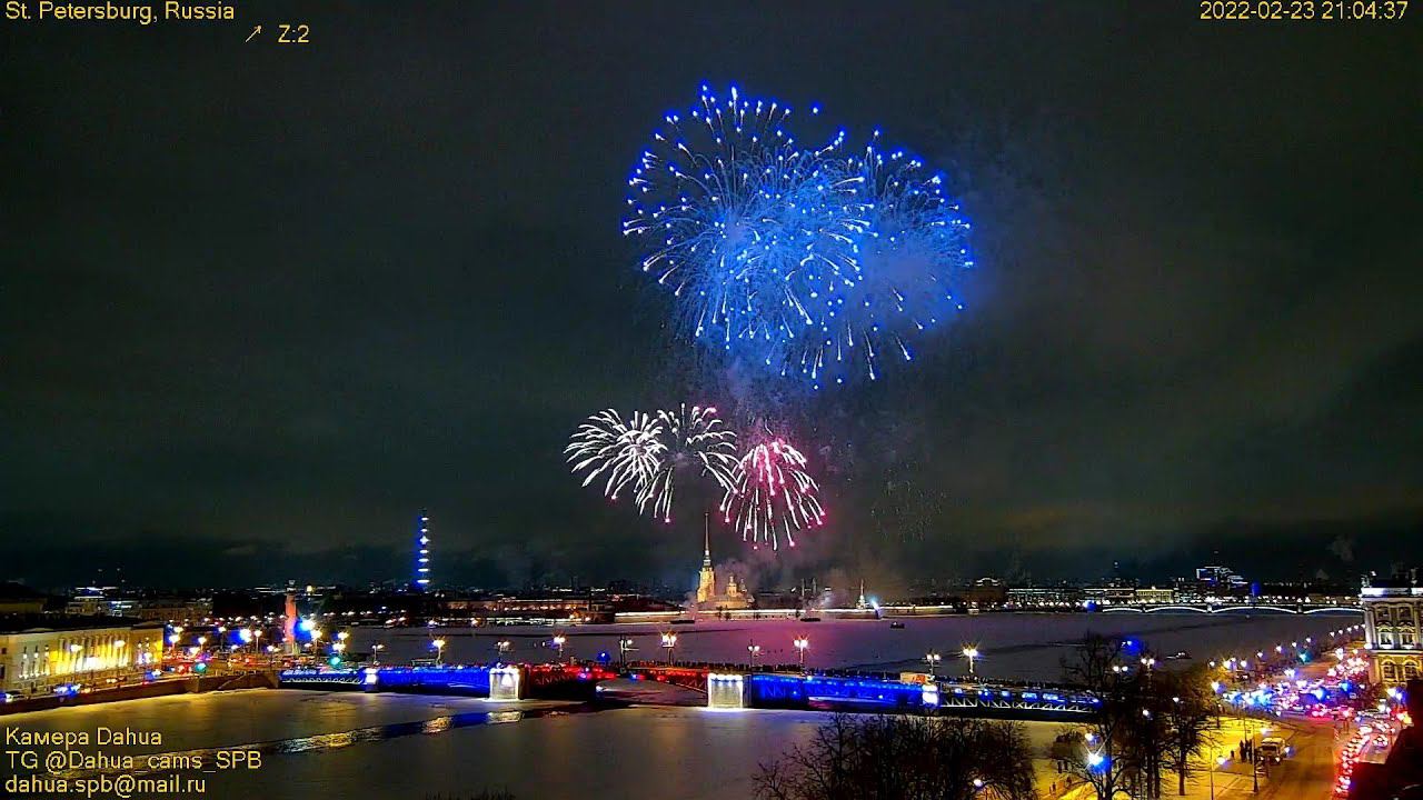 Праздничный салют День защитника Отечества 23 февраля 2022 в Санкт-Петербурге. Первая онлайн камера. смотреть онлайн