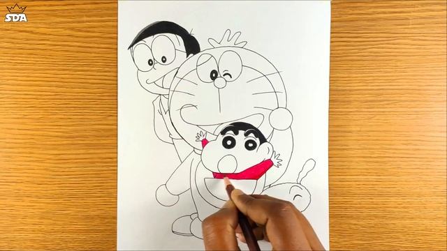 How to draw Doraemon, Nobita, Shinchan and Shiro together step by step easy for kids смотреть онлайн