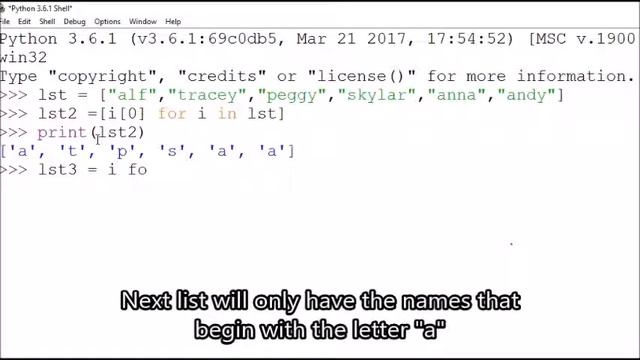 Building a list of first letters and letters beginning with a using list comprehension Python смотреть онлайн