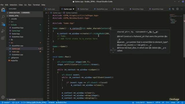 4. Creating the Game class | 2D Snake Game - C++ & SFML #DevKage смотреть онлайн
