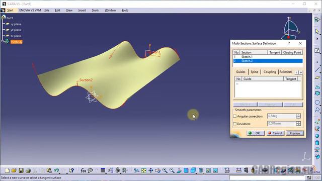 САПР CATIA. Создание многосекционных поверхностей. Команда Multi-Sections Surface. Пример 2. смотреть онлайн