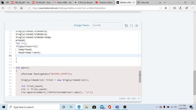 Delete a Node| Linked List | HackerRank | Solution in C++ | Interview Questions | Mostly Asked!!! смотреть онлайн