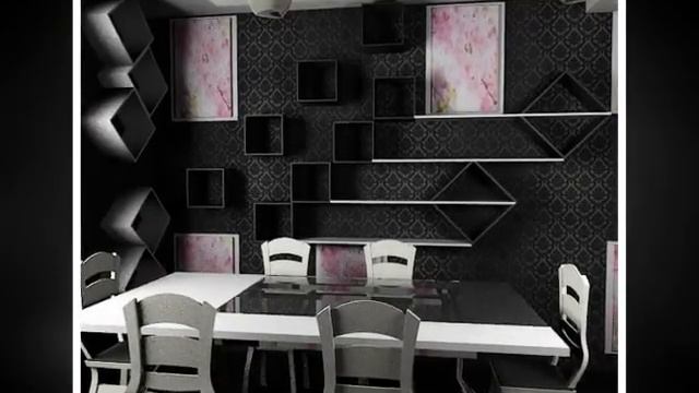 дизайн кухни с черными фасадами и темными обоями, черно-белые полкии смотреть онлайн