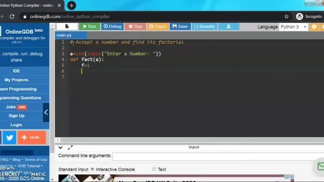 Python program to print factorial of a number смотреть онлайн