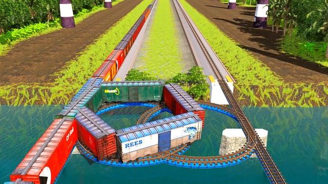 4 PASSENGER & FREIGHT TRAINS RUNNING AT DOUBLE LOOPING BRIDGE RAILROAD TRACKS #23 -Trainz Simulator смотреть онлайн
