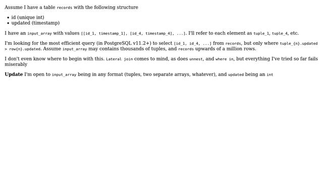Databases: Efficient SELECT for array of tuples in PostgreSQL смотреть онлайн