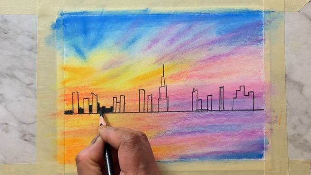 Skyline drawing tutorial, oil pastel drawing new york city смотреть онлайн
