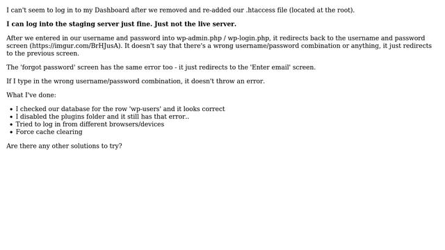 Wordpress: Cannot log into WordPress Dashboard after removing/adding .htaccess смотреть онлайн