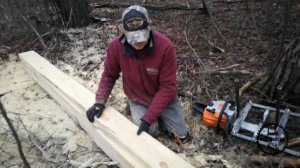 Распиловка бревна на доски в лесу. STIHL MC 180.