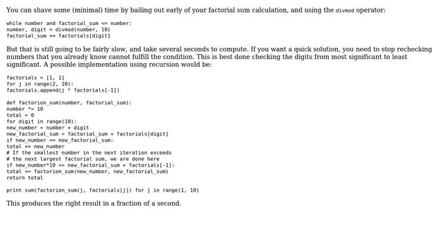Code Review: Optimizing run time of Python solution to Project Euler Problem 34 (3 Solutions!!) смотреть онлайн