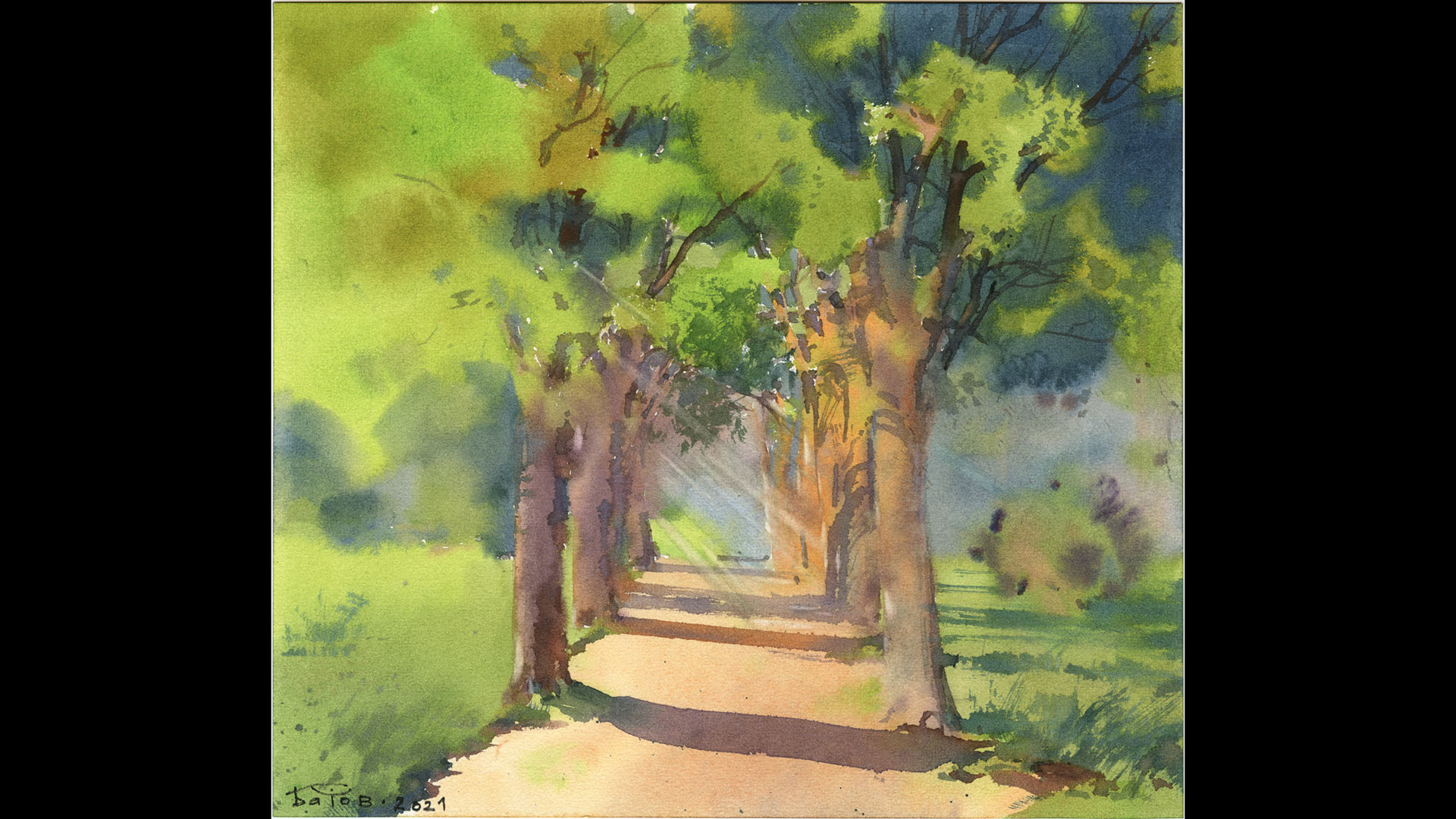 Солнечная аллея. Акварельный пейзаж смотреть онлайн