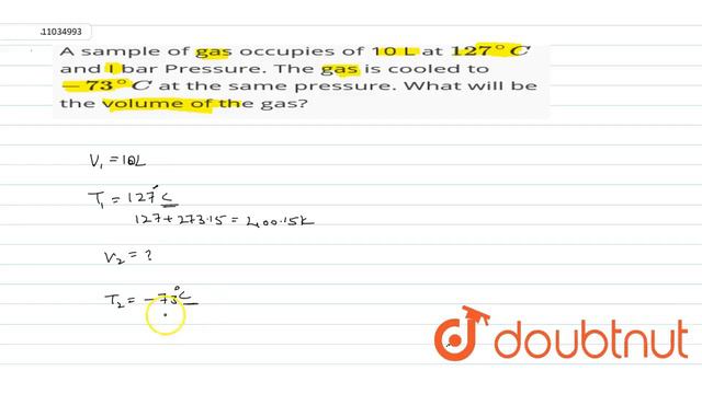 A sample of gas occupies of 10 L at `127^()C` and I bar Pressure. The gas is cooled to `- 73^()C... смотреть онлайн