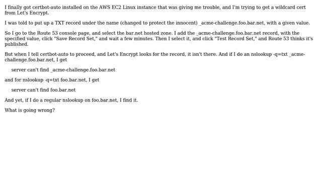 I post a domain challenge TXT record to AWS Route 53, but Let's Encrypt doesn't see it смотреть онлайн