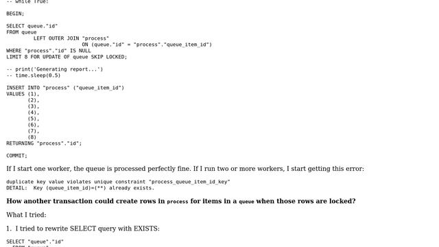 Duplicate key errors in Postgres queue-like table when rows should be locked by SELECT FOR... смотреть онлайн