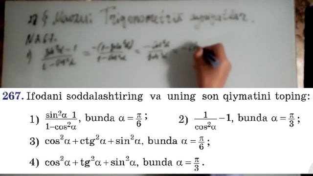 9-SINF ALGEBRA MAVZU:TRIGONOMETRIK AYNIYATLAR. (265-269).