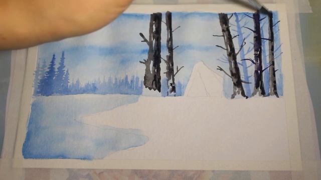 Как нарисовать поэтапно пейзаж для начинающих/Рисуем зиму акварелью смотреть онлайн