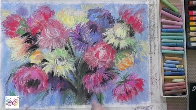 Flowers with crayons. Цветы пастелью. Астры. смотреть онлайн