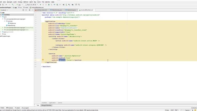 Android App Development Training Video : Manifest Service Option Enabled and Exported смотреть онлайн