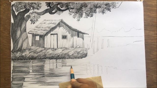 Landscape drawing in pencil | village scenery drawing | house drawing смотреть онлайн
