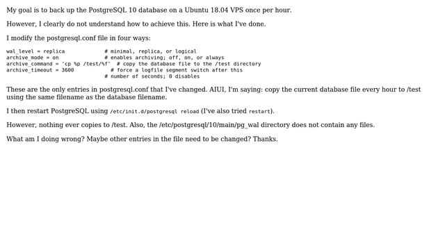 Databases: How should I configure my postgresql.conf file to backup the database once per hour? смотреть онлайн