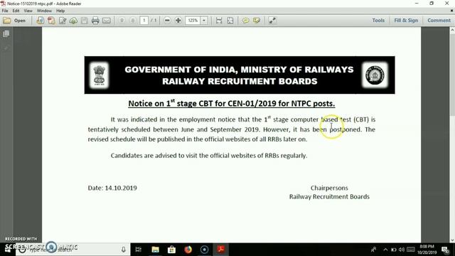 RRB NTPC Posts 1st Stage CBT New Notice смотреть онлайн