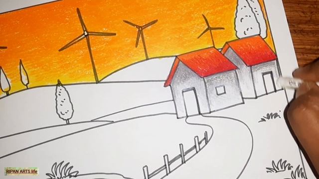 Easy scenery drawing with windmill for beginners | смотреть онлайн