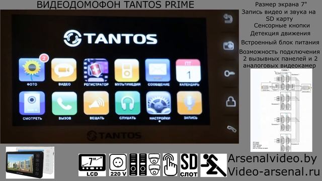 Обзор на домофон TANTOS PRIME (Тантос Прайм). Купить цветной видеодомофон с сенсорными кнопками. смотреть онлайн