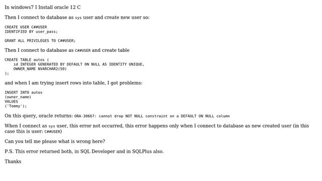 Databases: Oracle 12C, cannot drop NOT NULL constraint on a DEFAULT ON NULL column смотреть онлайн