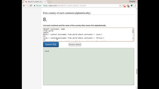 sqlzoo select in select Q8 смотреть онлайн
