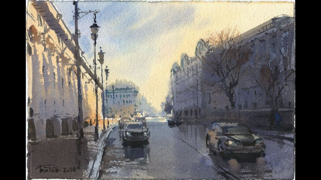 Акварельный городской мотив с контражуром смотреть онлайн