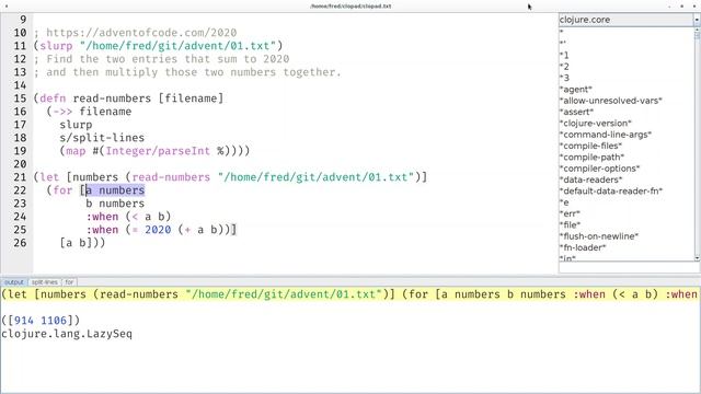 Advent of Code 2020 Day 1 Report Repair in Clojure (for list comprehension) смотреть онлайн