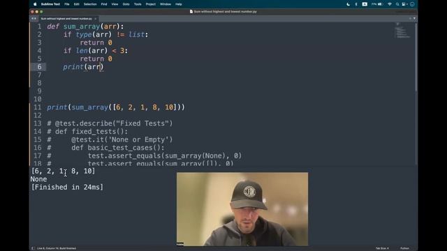 Codewars (Python?) | Sum without highest and lowest number | kyu8 смотреть онлайн