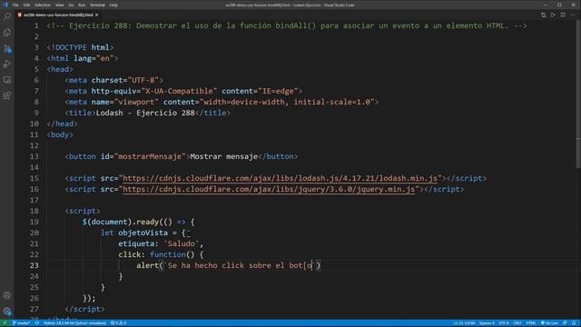 Lodash Ejercicio: 288 Demostrar Uso Función bindAll() para Asociar un Evento a un Elemento HTML смотреть онлайн