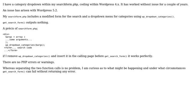 Wordpress: searchform.php not included by get_search_form when using wp_dropdown_categories смотреть онлайн