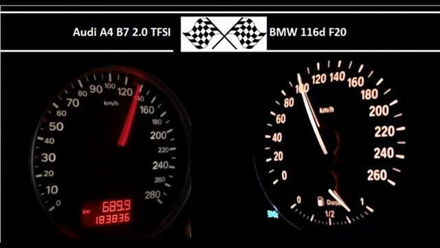 Audi A4 B7 2.0 TFSI VS. BMW 116d F20 - Acceleration 0-100km/h смотреть онлайн