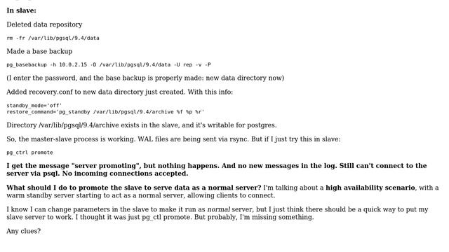 Databases: Can't promote PostgreSQL warm standby server to start serving data смотреть онлайн