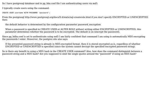 DevOps & SysAdmins: MD5 pw encryption in postgresql using CREATE USER WITH PASSWORD смотреть онлайн
