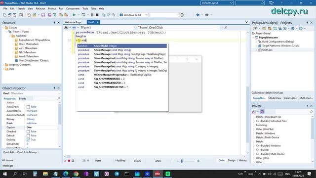 PopupMenu Delphi. Embarcadero.