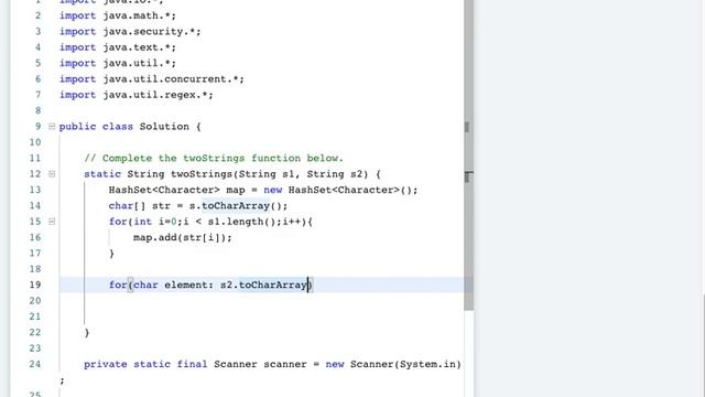 Hackerrank: Two Strings solution using a HashSet in Java смотреть онлайн