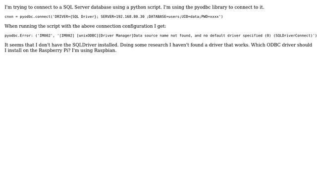 Can't connect to ODBC database with pyodbc. Which SQL Server driver should I install on the... смотреть онлайн